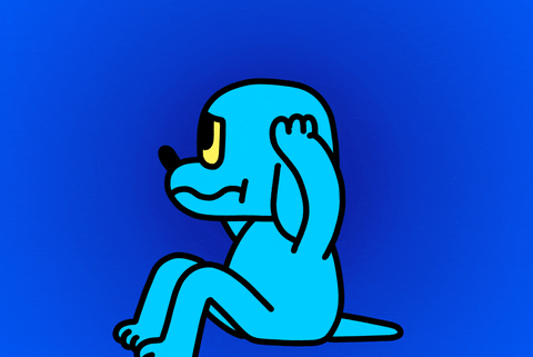 blue background with image of light blue cartoon dog in profile sitting and holding it's head with an anxious expression on it's face
