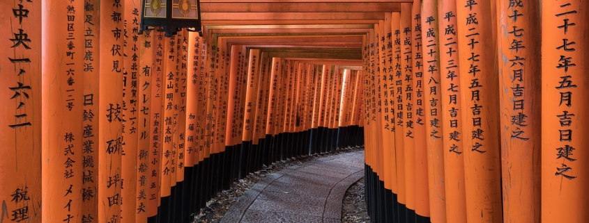 curving path with tall orange logs on either side with Japanese writing and a lantern hanging from the ceiling