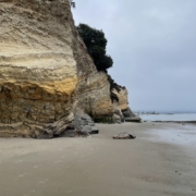 long, sandy beach with sandstone bluffs on the left side